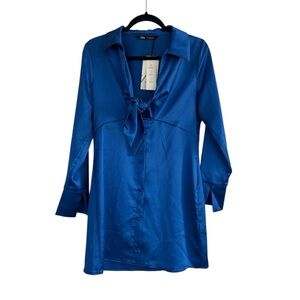 Zara Blue Bell Sleeve Dress with Tie Front sz M